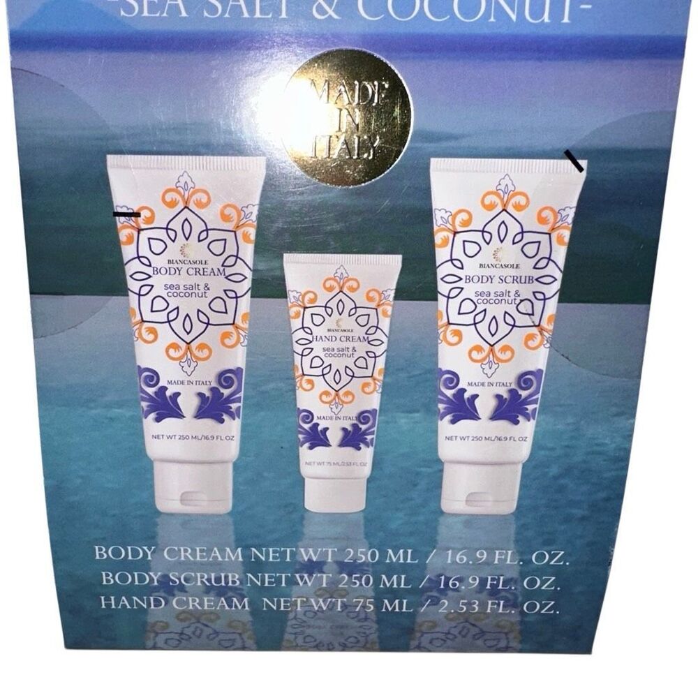 Biancasole Luxury Spa Body Cream Hand Cream Scrub Set Sea Salt Coconut NWOT